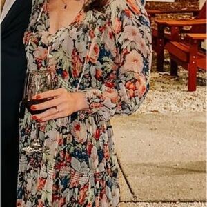 Anthropologie Pink and Blue Ruffled Tiered Long Sleeve Dress